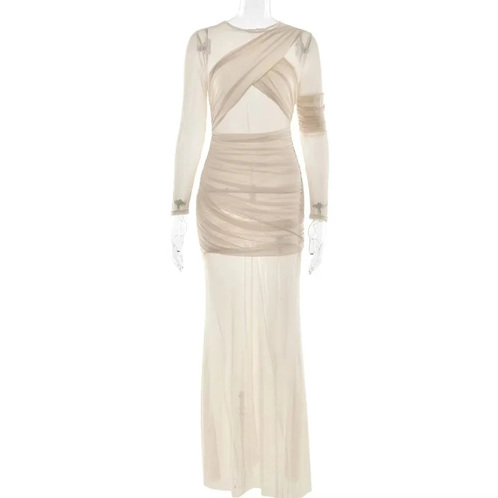 Sexy Double Layer Perspective Vestido Autumn Clothing Party Club Evening Dress Elegant Mesh Patchwork Long Sleeve Bodycon