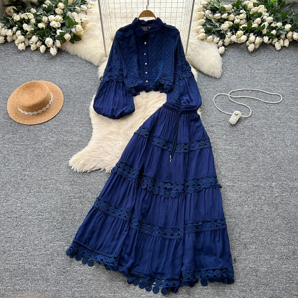 Fall Women's Vintage Sets Lantern Sleeve Crop Top And High Waist Patchwork Lace Skirts Set Clothing Wholesale
