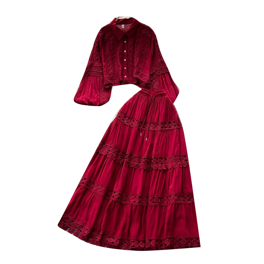 Fall Women's Vintage Sets Lantern Sleeve Crop Top And High Waist Patchwork Lace Skirts Set Clothing Wholesale