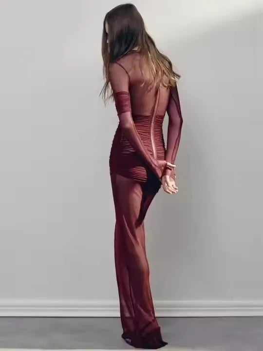 Sexy Double Layer Perspective Vestido Autumn Clothing Party Club Evening Dress Elegant Mesh Patchwork Long Sleeve Bodycon