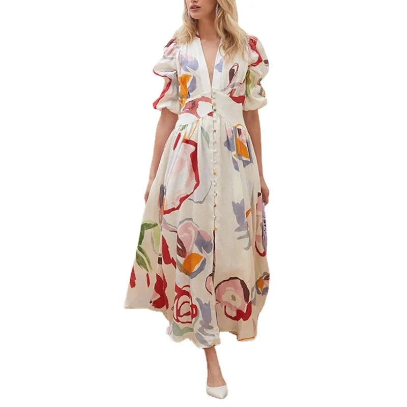 Elegant Large Swing Long Dress Short Sleeve Printing Chiffon Beach Dress Women Clothing