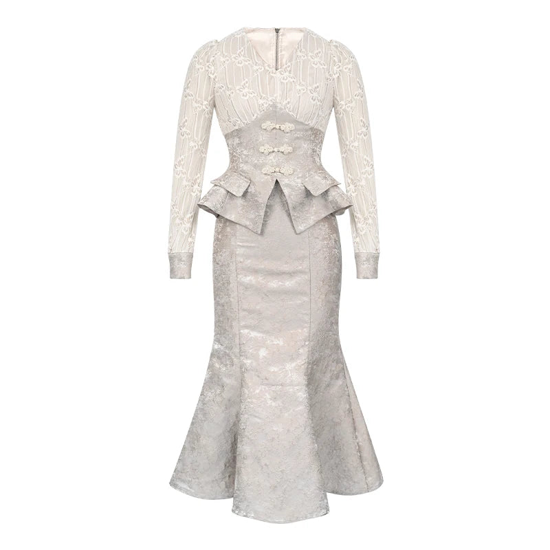 ZYHT 11208 Jacquard Clothes Matching Long Sleeve Two Piece Set Women Clothing Long Fishtail Skirt Set 2 Pieces