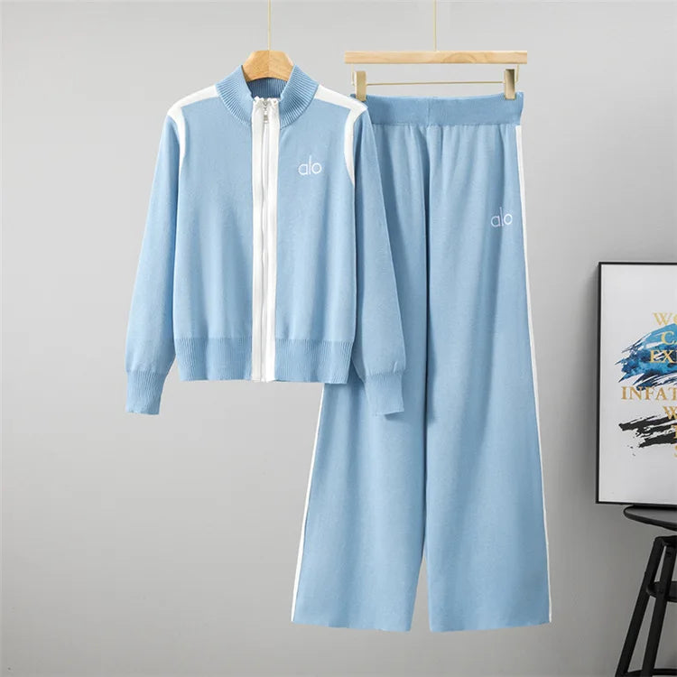 Spring Autumn Fashion Y2K Women's Sets Embroidered Casual Sports Zipper Knitted Top Wide Leg Pants Two Piece Set Women Clothing