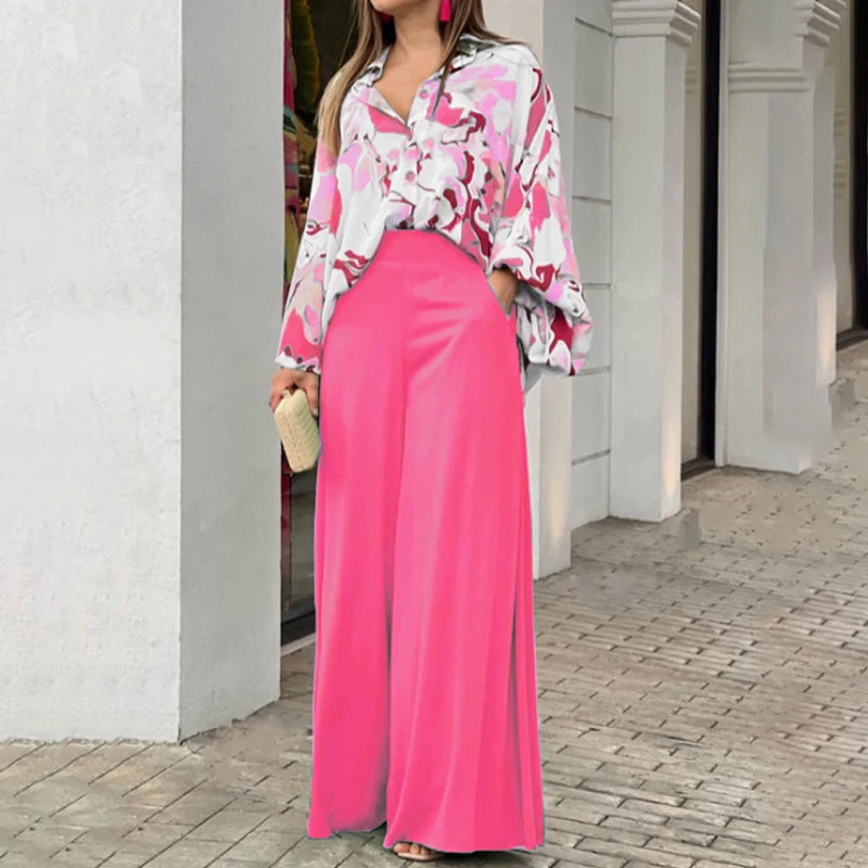 Women's Clothing Printed Casual Loose Batwing Sleeve Lapel Shirt and High Waisted Wide Leg Pants Two Piece Set Women's Sets