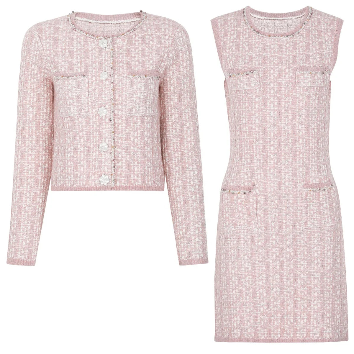 AIMEISI Fashion Simple Beaded Knitted Cardigan Sleeveless Dress Women's Clothing Set Elegant Two Piece Women's Sets