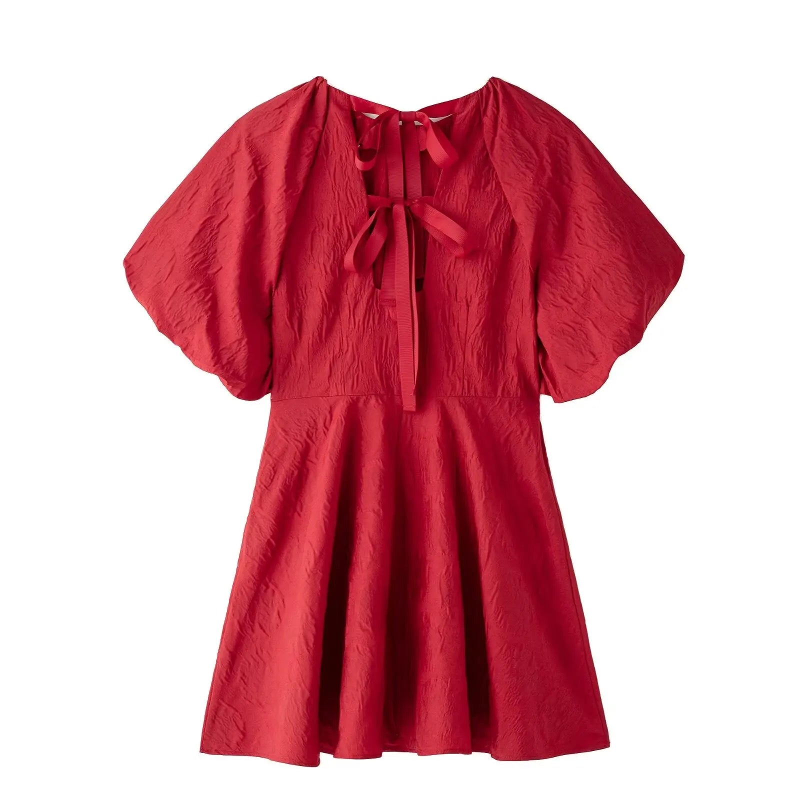 KAR&OT ZA 2025 New Women's Clothing Simple and Fashionable Back Tie Jacquard Tie Loose Bubble Short Sleeve Dress