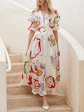 Elegant Large Swing Long Dress Short Sleeve Printing Chiffon Beach Dress Women Clothing