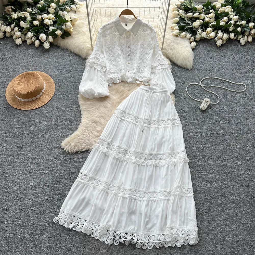 Fall Women's Vintage Sets Lantern Sleeve Crop Top And High Waist Patchwork Lace Skirts Set Clothing Wholesale