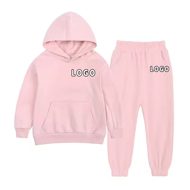 Wholesale Children's Casual Clothing Solid Cotton Sweat Suits Set Two-piece Hoodie Kids' Sweatpants and Hooded Top Pants Set