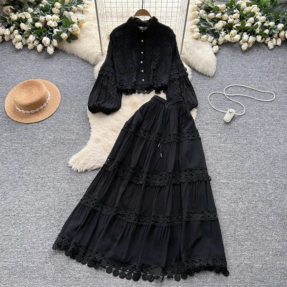 Fall Women's Vintage Sets Lantern Sleeve Crop Top And High Waist Patchwork Lace Skirts Set Clothing Wholesale