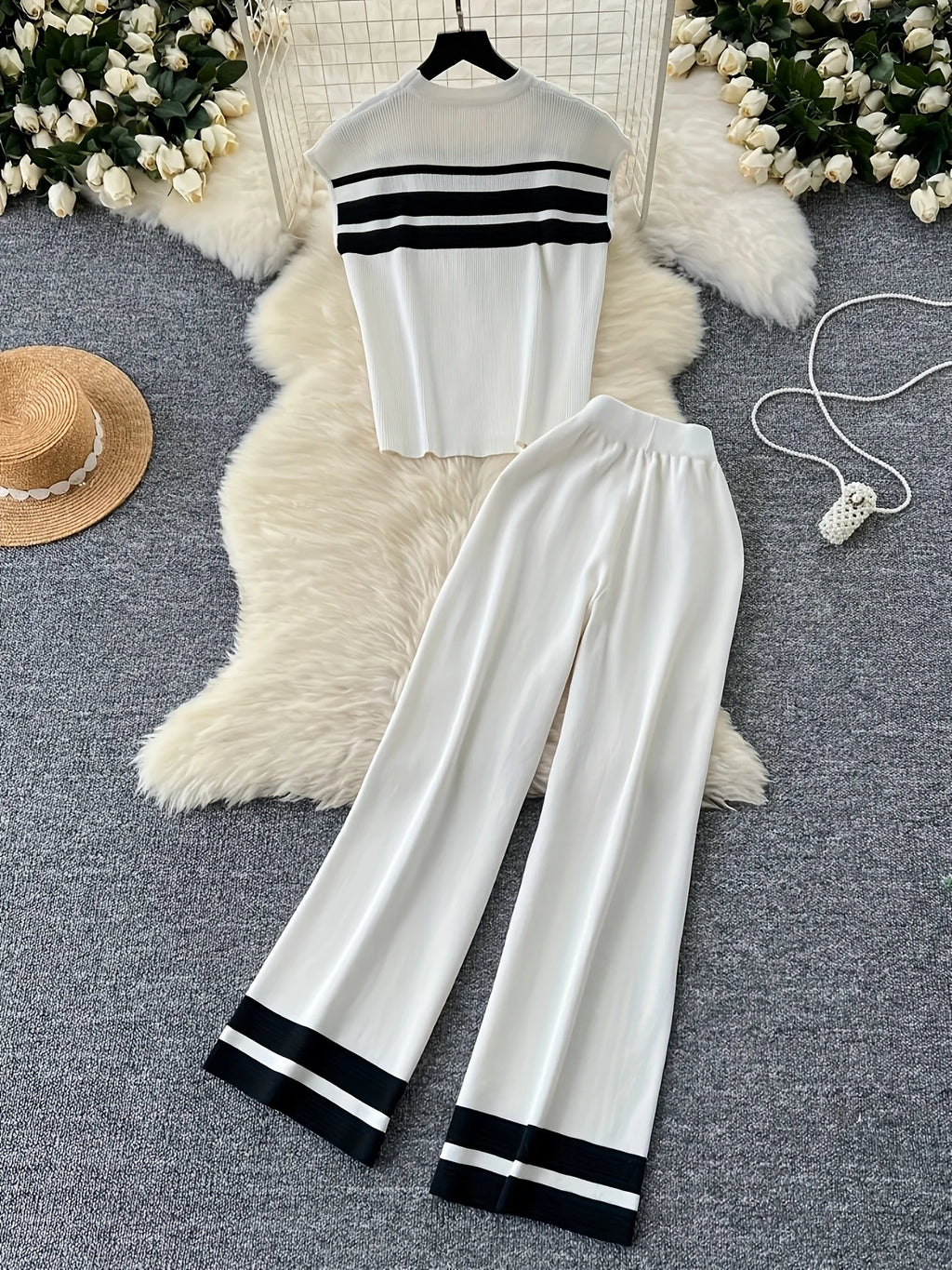 Spring Summer New Korean Version Breathable Elegant Fashion Striped Top Casual Wide-leg Pants Knitted Two-piece Women's Clothing
