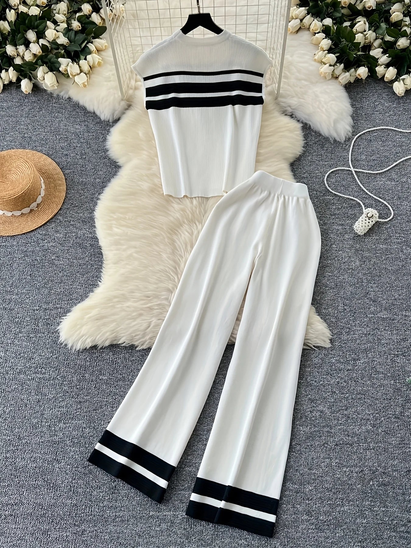 Spring Summer New Korean Version Breathable Elegant Fashion Striped Top Casual Wide-leg Pants Knitted Two-piece Women's Clothing