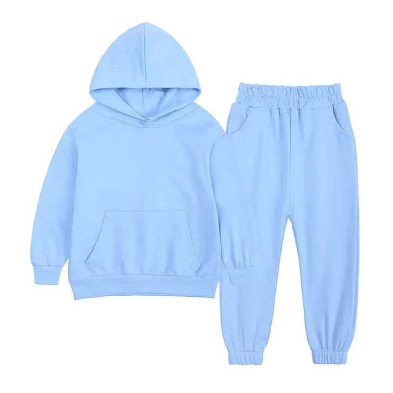Wholesale Children's Casual Clothing Solid Cotton Sweat Suits Set Two-piece Hoodie Kids' Sweatpants and Hooded Top Pants Set