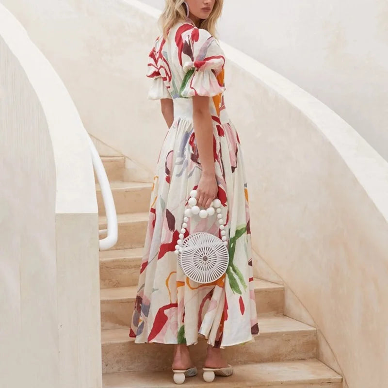 Elegant Large Swing Long Dress Short Sleeve Printing Chiffon Beach Dress Women Clothing