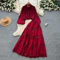 Fall Women's Vintage Sets Lantern Sleeve Crop Top And High Waist Patchwork Lace Skirts Set Clothing Wholesale