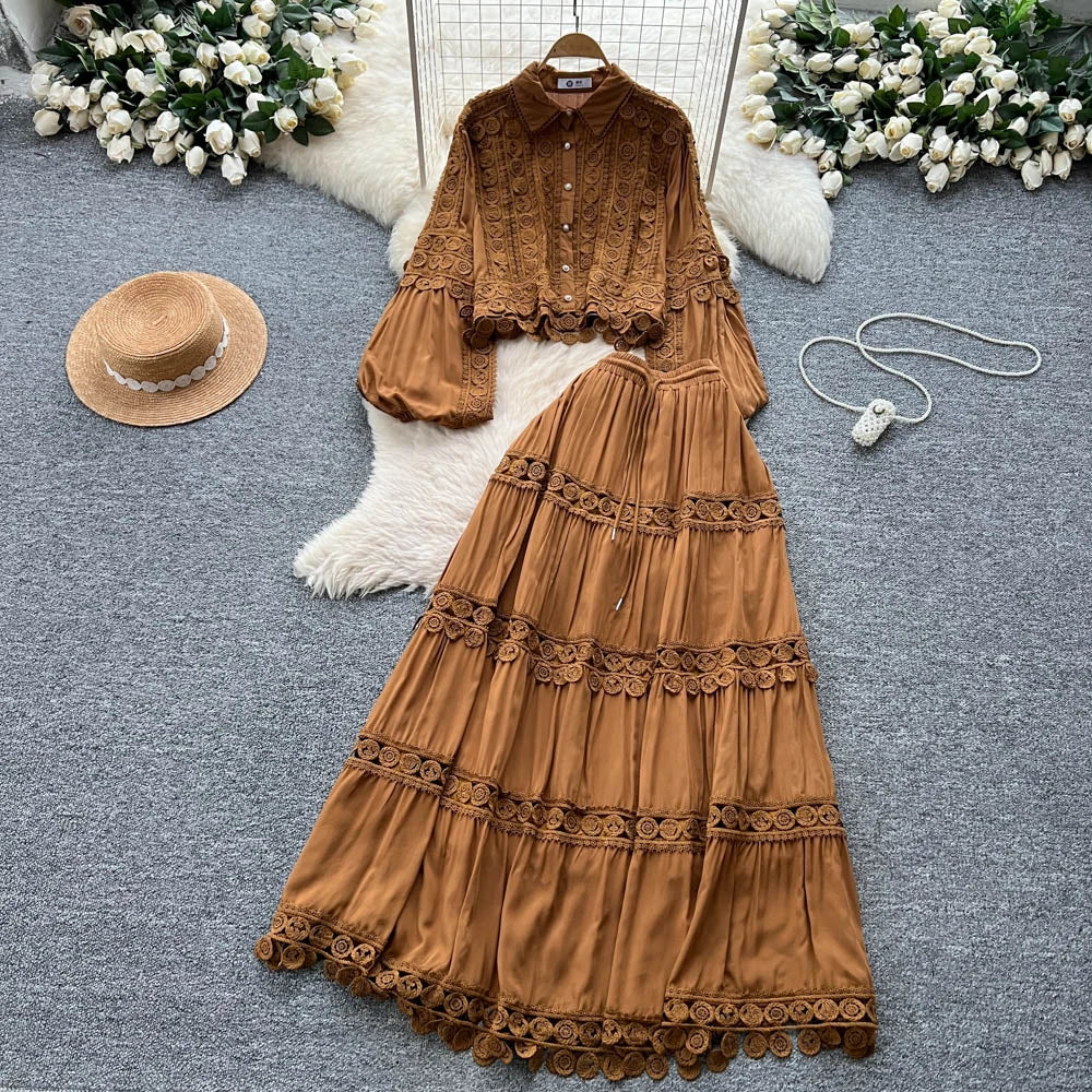 Fall Women's Vintage Sets Lantern Sleeve Crop Top And High Waist Patchwork Lace Skirts Set Clothing Wholesale