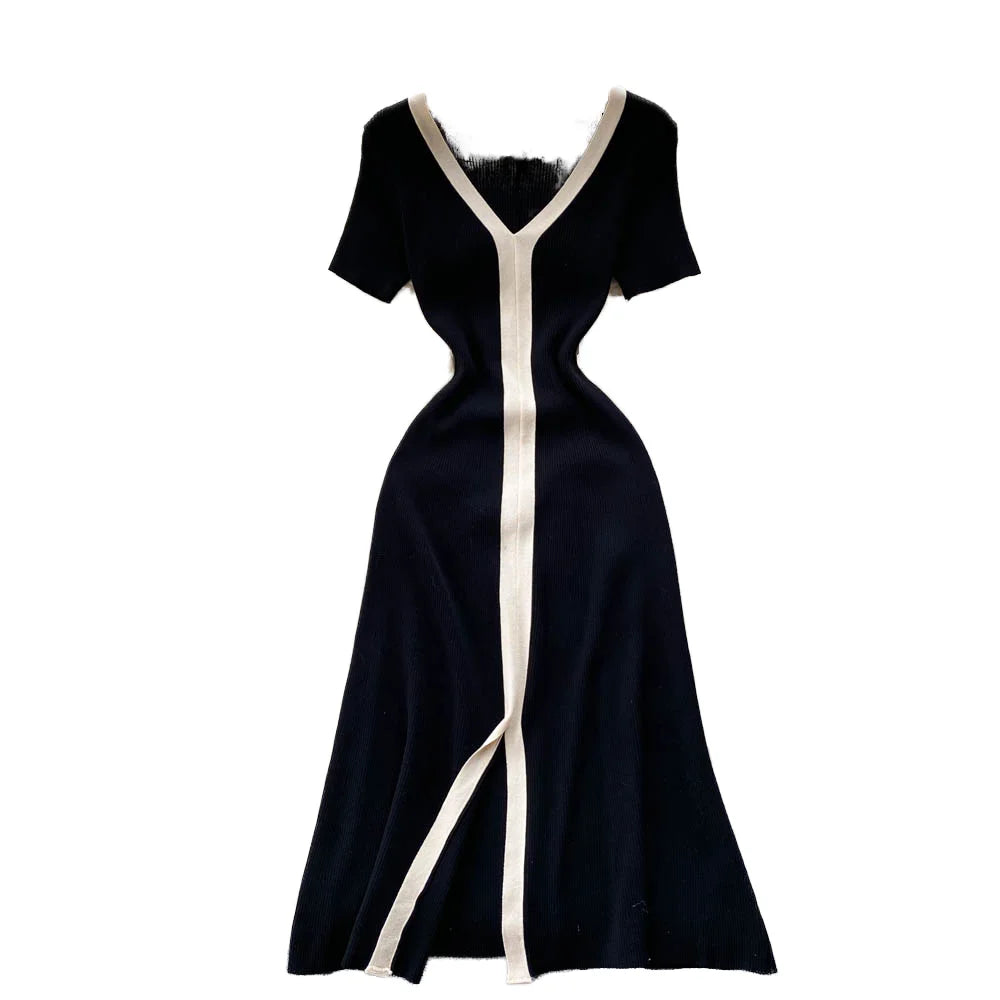 Fashion Design Dresses V Neck Short Sleeve Forked Contrast Color Summer Knit Dress Female Slim Vintage Elegant Women's Clothing