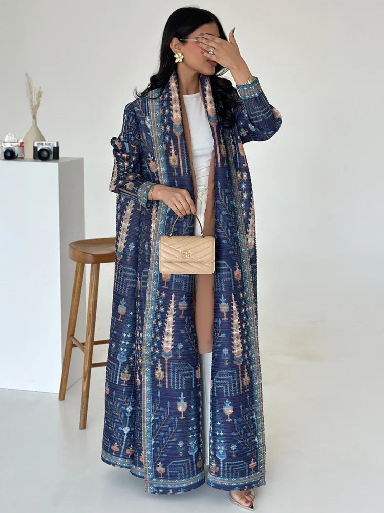 Large-size Luxury and Dignified Miyake Pleated Floral Abaya Trench Coat, Ramadan Clothing for Middle Eastern Women in Dubai
