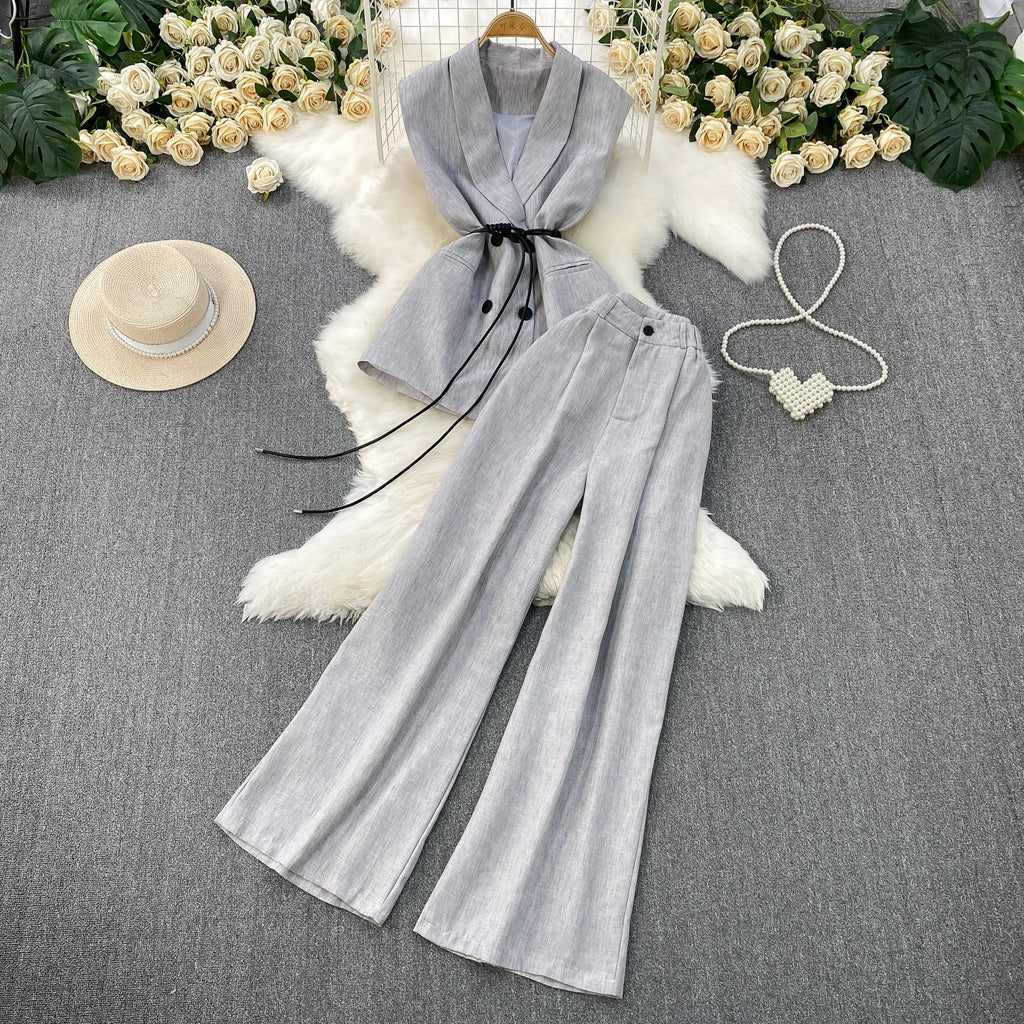 Casual 2 Piece Set for Women V-Neck Sleeveless Tunic Top And High Waist Slim Suit Clothing Wholesale