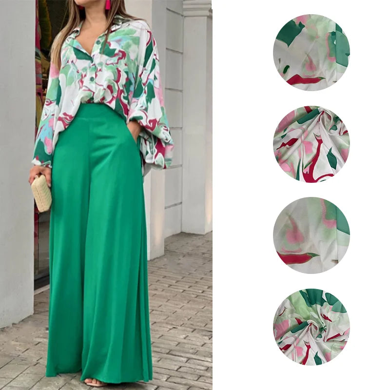 Women's Clothing Printed Casual Loose Batwing Sleeve Lapel Shirt and High Waisted Wide Leg Pants Two Piece Set Women's Sets