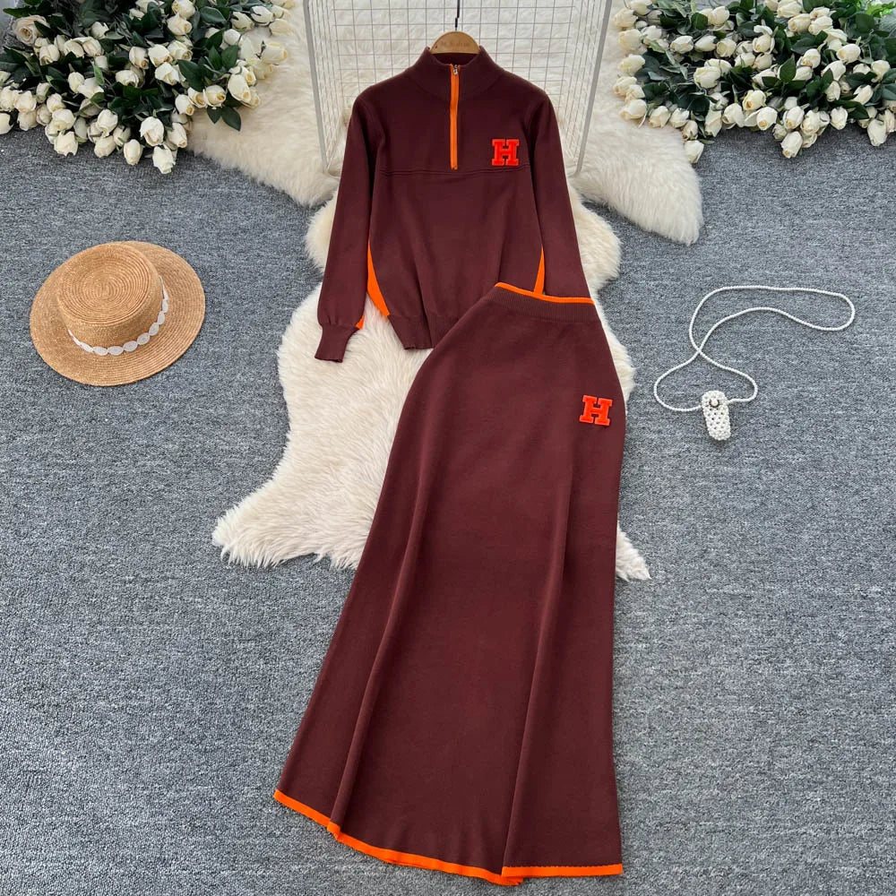 Winter Women's Casual Sets Top And High Waist Floral Printed Knitted Skirts Suit Clothing Wholesale