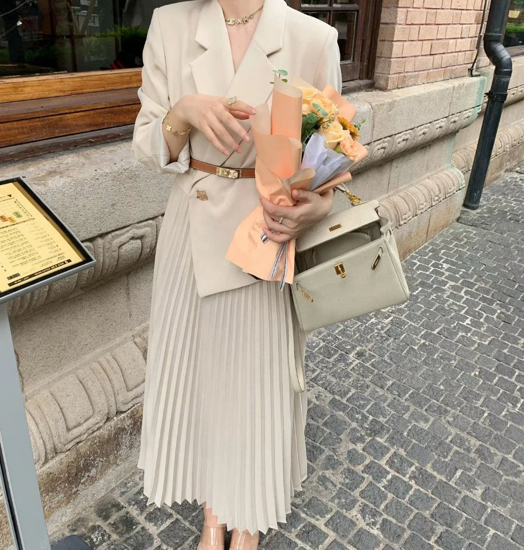 OUDINA French Women's Clothing Elegant Plus Size Casual Pleated With Belt Long Dresses Blazer Dress for Women