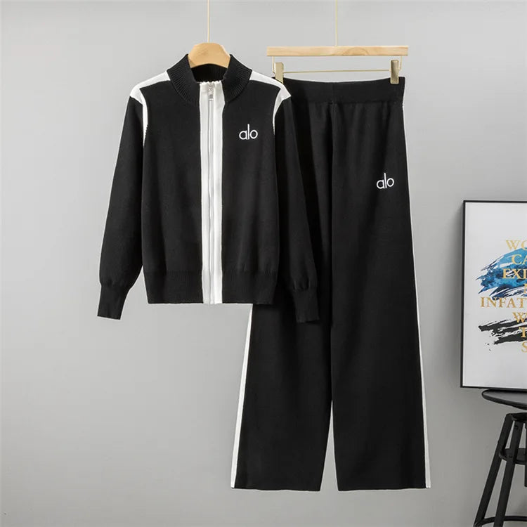 Spring Autumn Fashion Y2K Women's Sets Embroidered Casual Sports Zipper Knitted Top Wide Leg Pants Two Piece Set Women Clothing