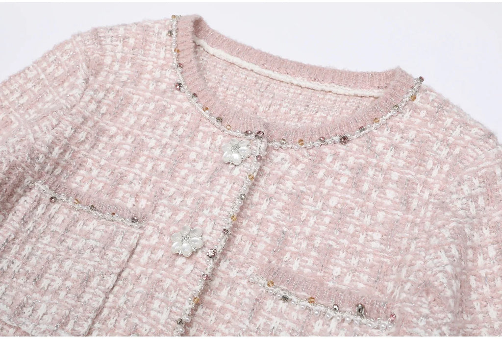 AIMEISI Fashion Simple Beaded Knitted Cardigan Sleeveless Dress Women's Clothing Set Elegant Two Piece Women's Sets