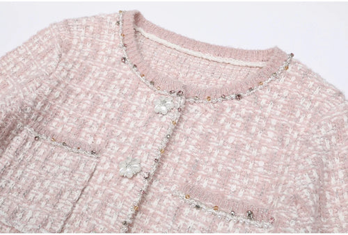 AIMEISI Fashion Simple Beaded Knitted Cardigan Sleeveless Dress Women's Clothing Set Elegant Two Piece Women's Sets