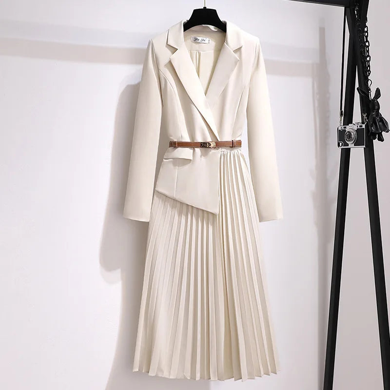 OUDINA French Women's Clothing Elegant Plus Size Casual Pleated With Belt Long Dresses Blazer Dress for Women
