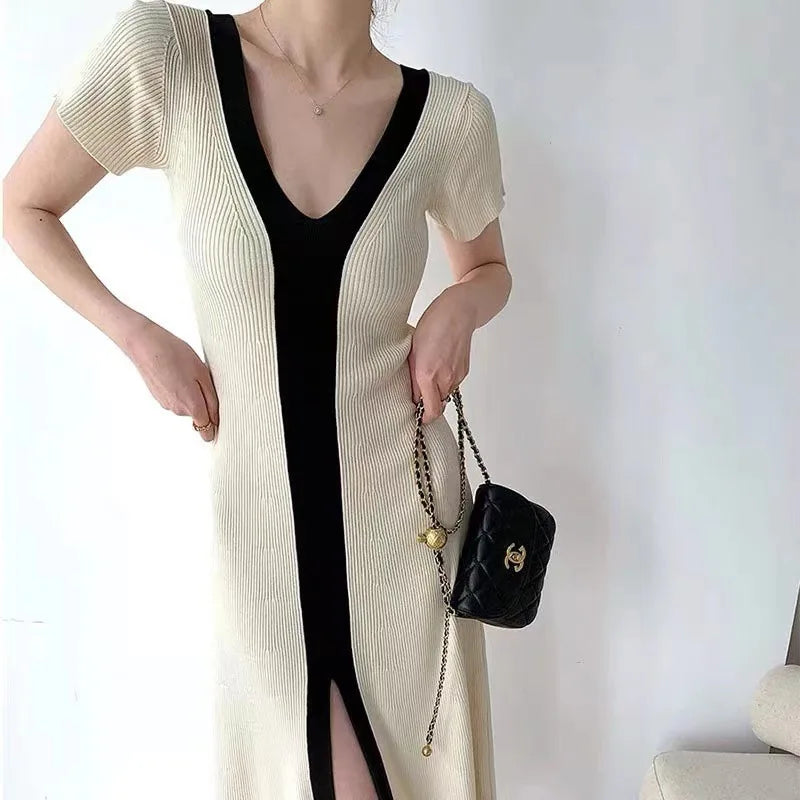 Fashion Design Dresses V Neck Short Sleeve Forked Contrast Color Summer Knit Dress Female Slim Vintage Elegant Women's Clothing