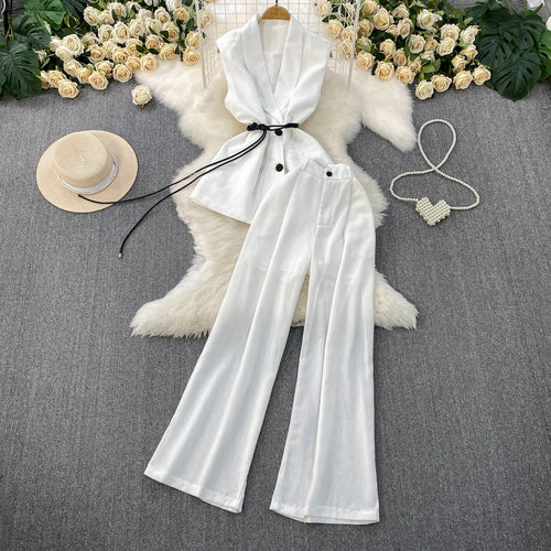 Casual 2 Piece Set for Women V-Neck Sleeveless Tunic Top And High Waist Slim Suit Clothing Wholesale