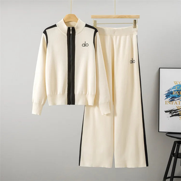Spring Autumn Fashion Y2K Women's Sets Embroidered Casual Sports Zipper Knitted Top Wide Leg Pants Two Piece Set Women Clothing