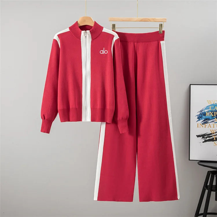 Spring Autumn Fashion Y2K Women's Sets Embroidered Casual Sports Zipper Knitted Top Wide Leg Pants Two Piece Set Women Clothing