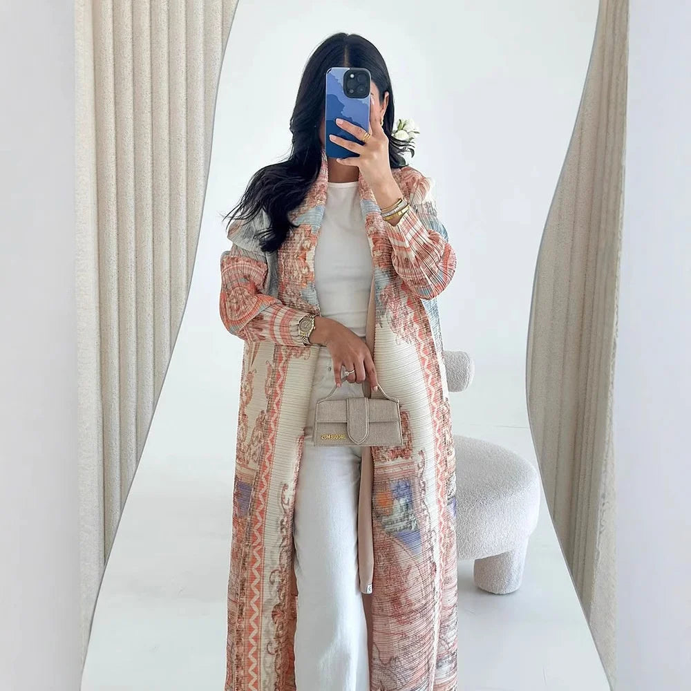 Large-size Luxury and Dignified Miyake Pleated Floral Abaya Trench Coat, Ramadan Clothing for Middle Eastern Women in Dubai