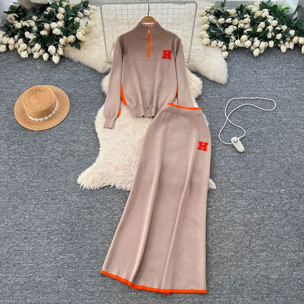 Winter Women's Casual Sets Top And High Waist Floral Printed Knitted Skirts Suit Clothing Wholesale
