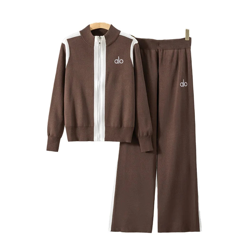 Spring Autumn Fashion Y2K Women's Sets Embroidered Casual Sports Zipper Knitted Top Wide Leg Pants Two Piece Set Women Clothing