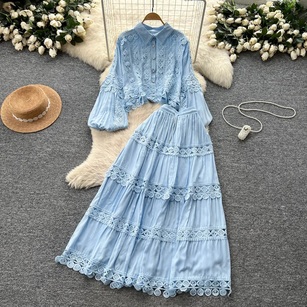 Fall Women's Vintage Sets Lantern Sleeve Crop Top And High Waist Patchwork Lace Skirts Set Clothing Wholesale