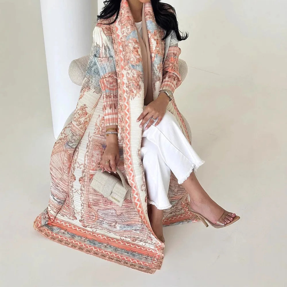 Large-size Luxury and Dignified Miyake Pleated Floral Abaya Trench Coat, Ramadan Clothing for Middle Eastern Women in Dubai