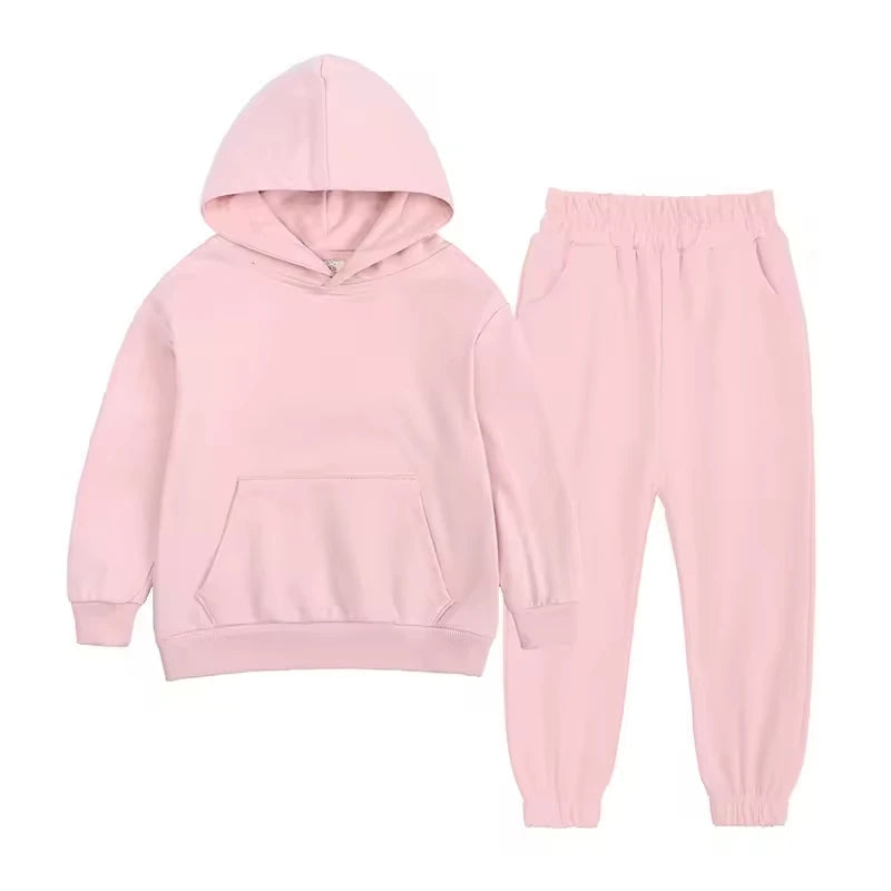 Wholesale Children's Casual Clothing Solid Cotton Sweat Suits Set Two-piece Hoodie Kids' Sweatpants and Hooded Top Pants Set