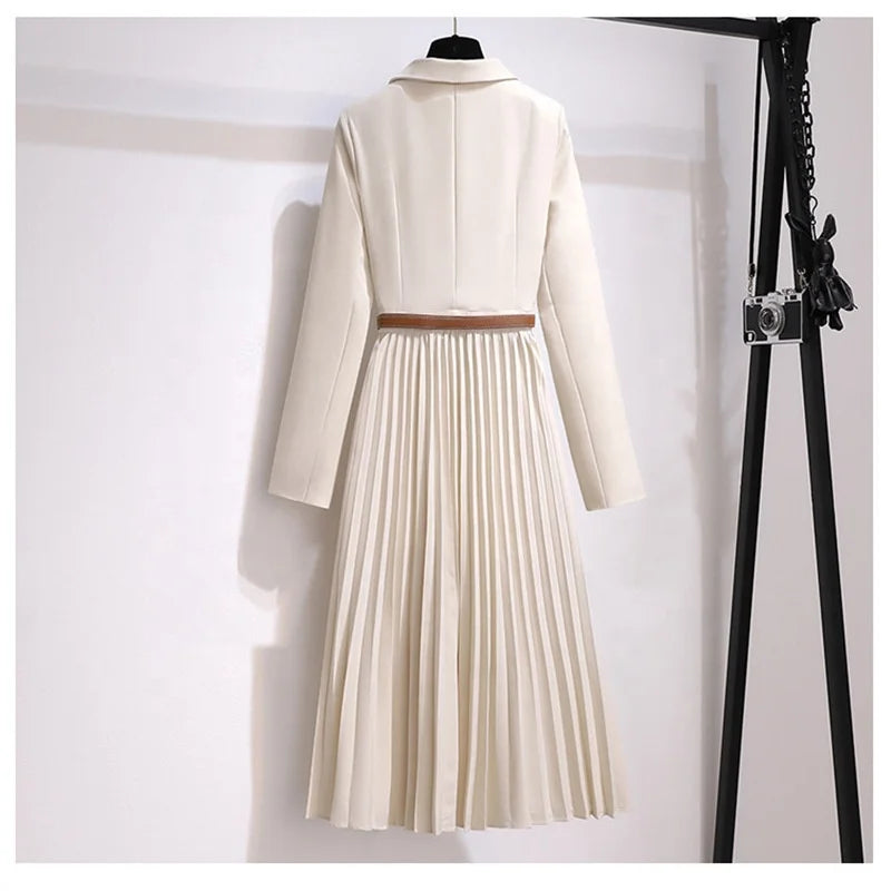 OUDINA French Women's Clothing Elegant Plus Size Casual Pleated With Belt Long Dresses Blazer Dress for Women