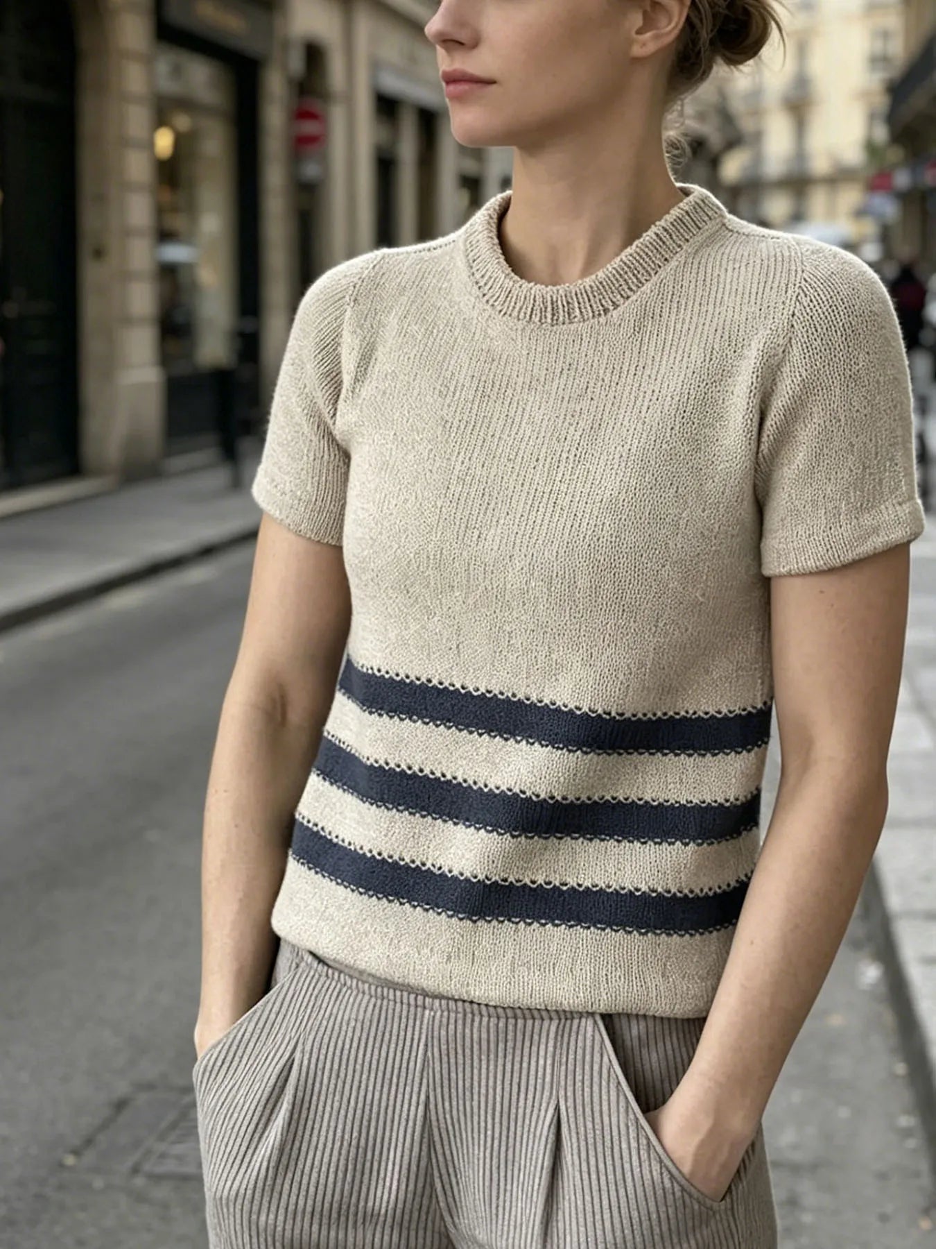Women's Clothing - New Fashionable Casual Round Neck Intercolor Contrast Stripe Knitted Short Sleeve Gift