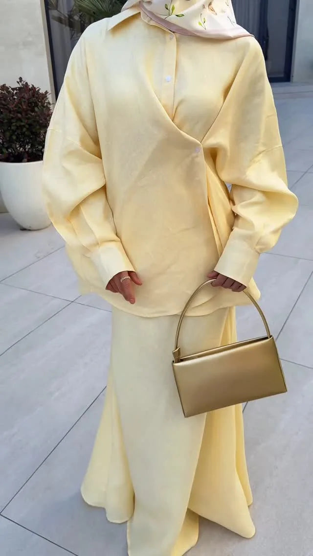 Women's Clothing 2025 Summer New Fashion Design Sense Lapel Long Sleeved Shirt High Waist Skirt Set