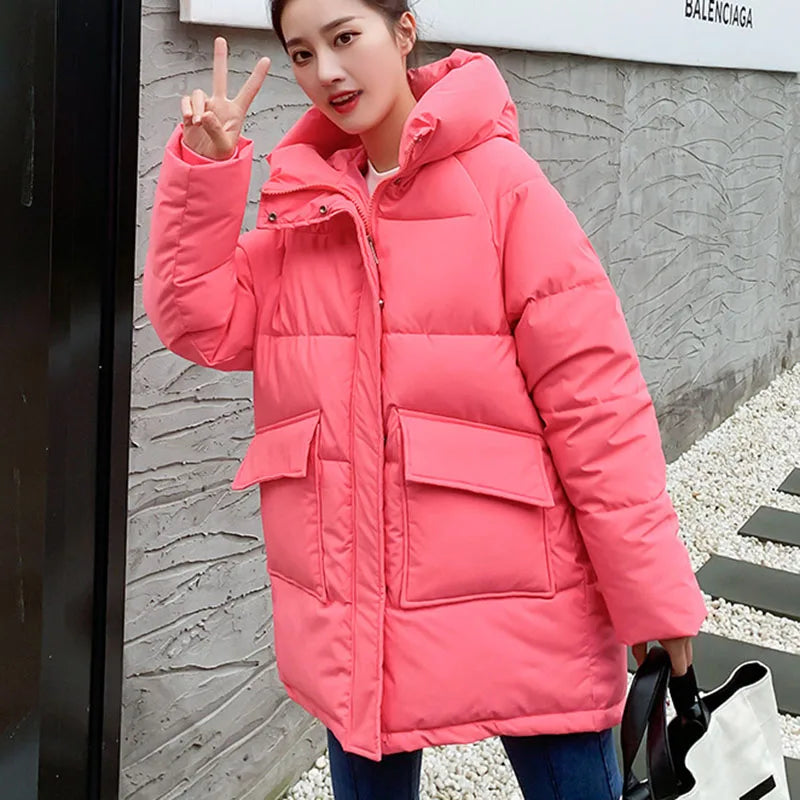 Clothing Women Cotton-Padded Jacket 2025 New Casual Elegant Loose Solid Color Warm Hooded Winter Warm Women Cotton Jacket H537
