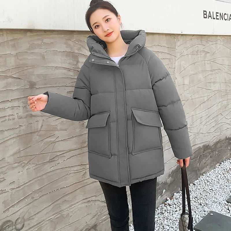 Clothing Women Cotton-Padded Jacket 2025 New Casual Elegant Loose Solid Color Warm Hooded Winter Warm Women Cotton Jacket H537