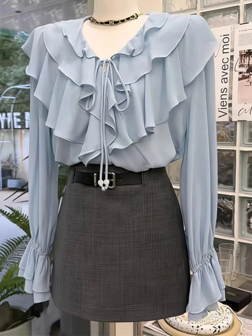 Chiffon Blouse Women Clothing 2025 Camisas De Mujer Flare Sleeve V-neck Ruffles Summer Shirts Solid Color Vintage Blouses Tops