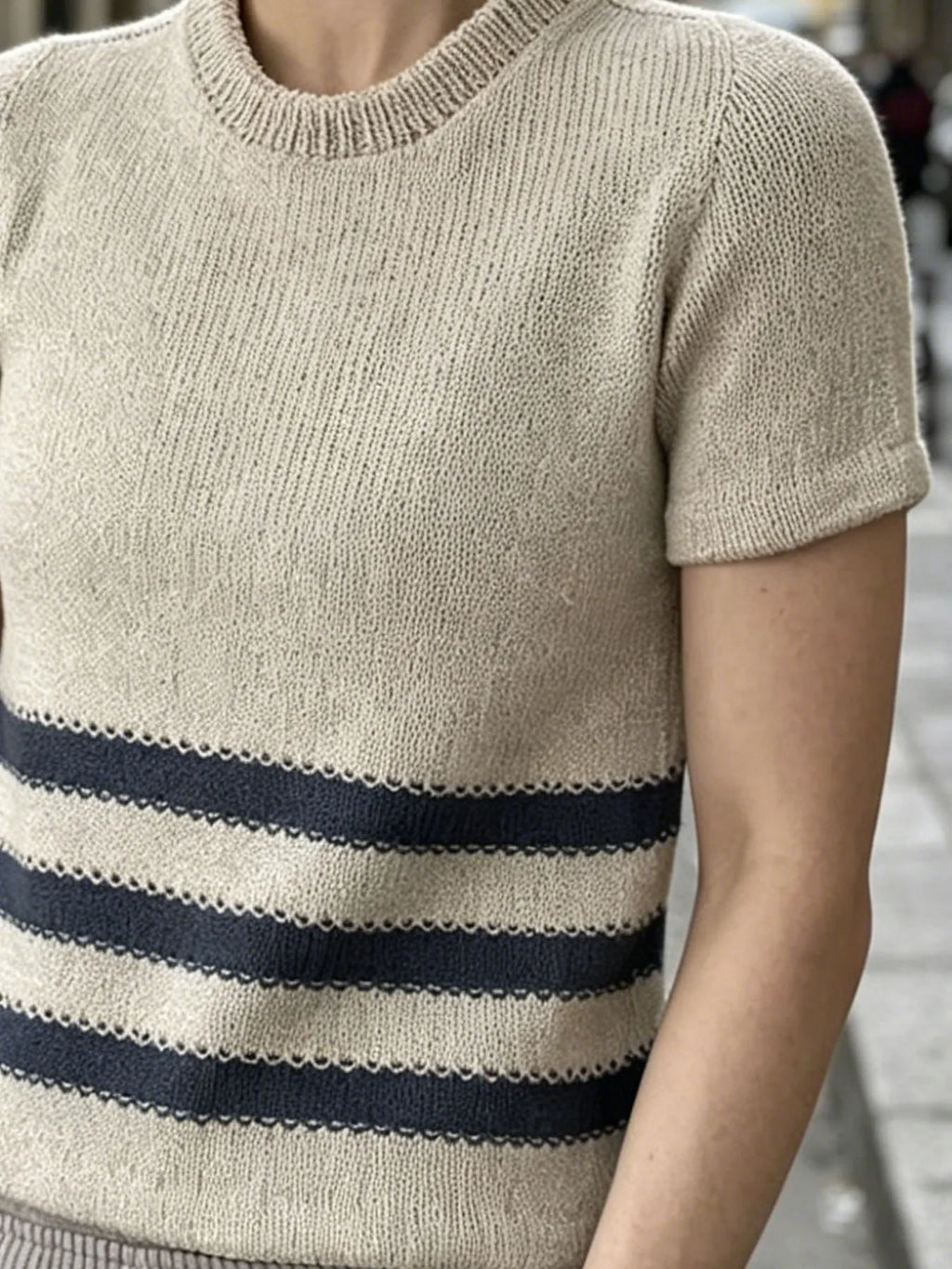 Women's Clothing - New Fashionable Casual Round Neck Intercolor Contrast Stripe Knitted Short Sleeve Gift