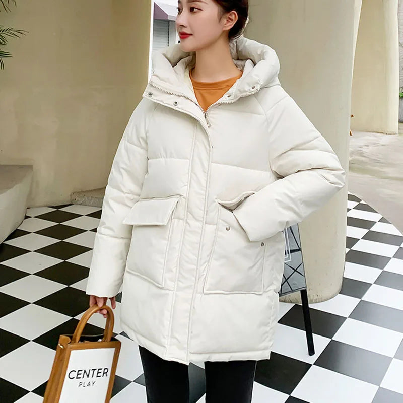 Clothing Women Cotton-Padded Jacket 2025 New Casual Elegant Loose Solid Color Warm Hooded Winter Warm Women Cotton Jacket H537